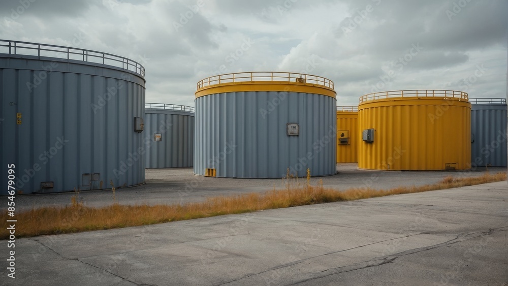 Radioactive waste storage facilities with containers embedded in concrete structures