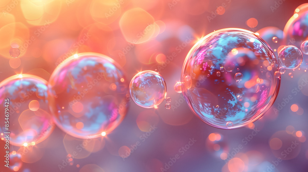 A close-up shot of iridescent bubbles floating in a hazy atmosphere with pink and blue hues. A close-up shot of iridescent bubbles floating in a hazy atmosphere with pink and blue hues.