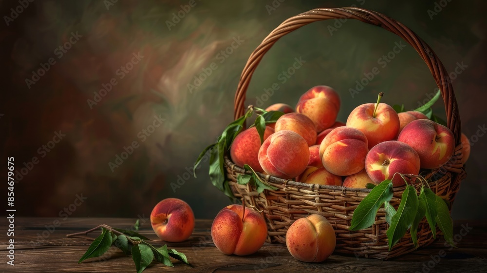 Peaches in a basket, fresh and ready to eat, resting on a wooden table. Peaches in a basket, fresh and ready to eat, resting on a wooden table.