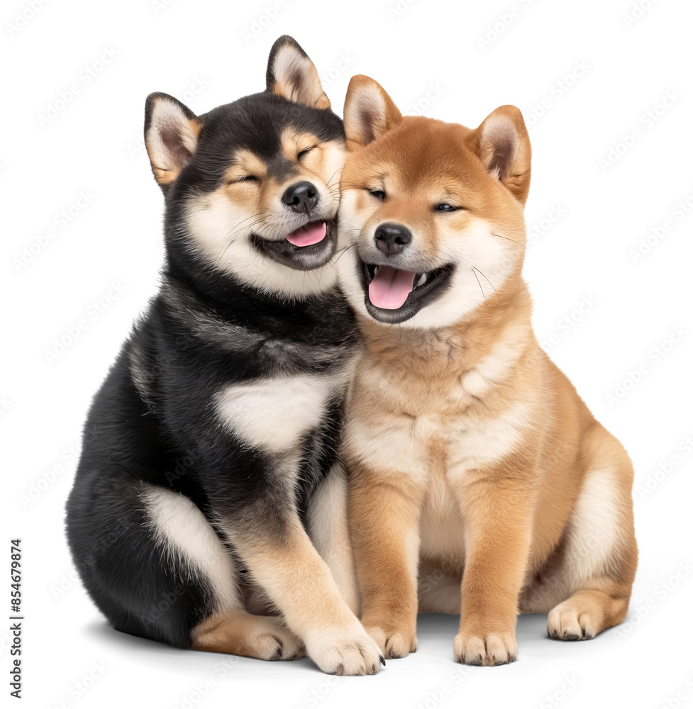 Cute happy young shiba inu dog couple in love on isolated background Cute happy young shiba inu dog couple in love on isolated background