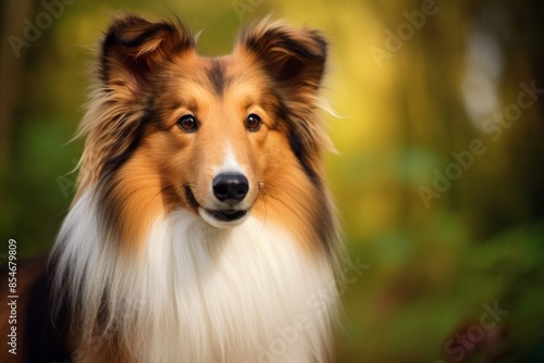 Portrait of a cute shetland sheepdog isolated in soft green background