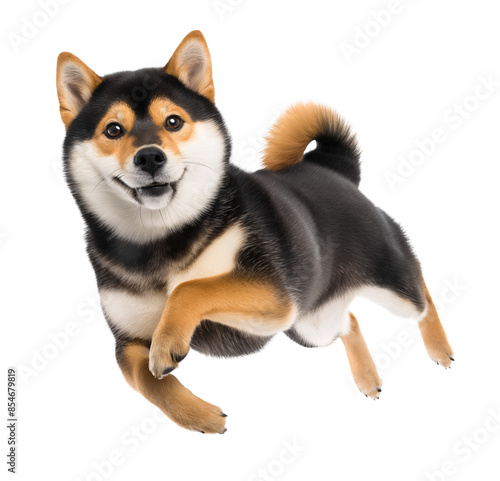 Cute black shiba inu in jumping pose, floating in the air, isolated background photo