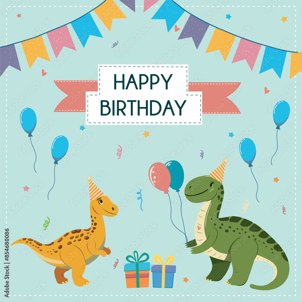 Fototapeta premium childrens cute greeting card dinosaur happy birthday. Best friends party
