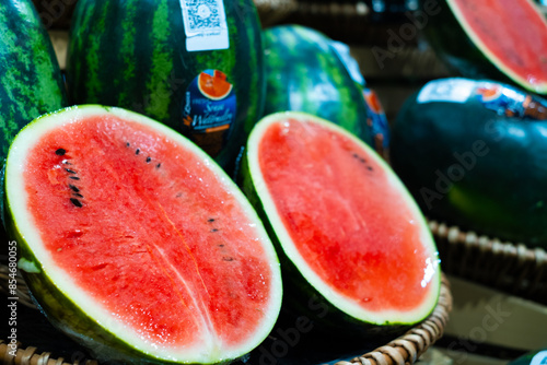 Nonthaburi, Thailand - June 18, 2024: Watermelon in baskets for sale in the supermarket 