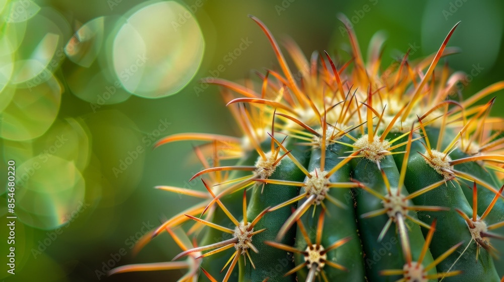 Closeup of the spines and leaves on top of a golden ball cactus, macro photography, blurred background Closeup of the spines and leaves on top of a golden ball cactus, macro photography, blurred background