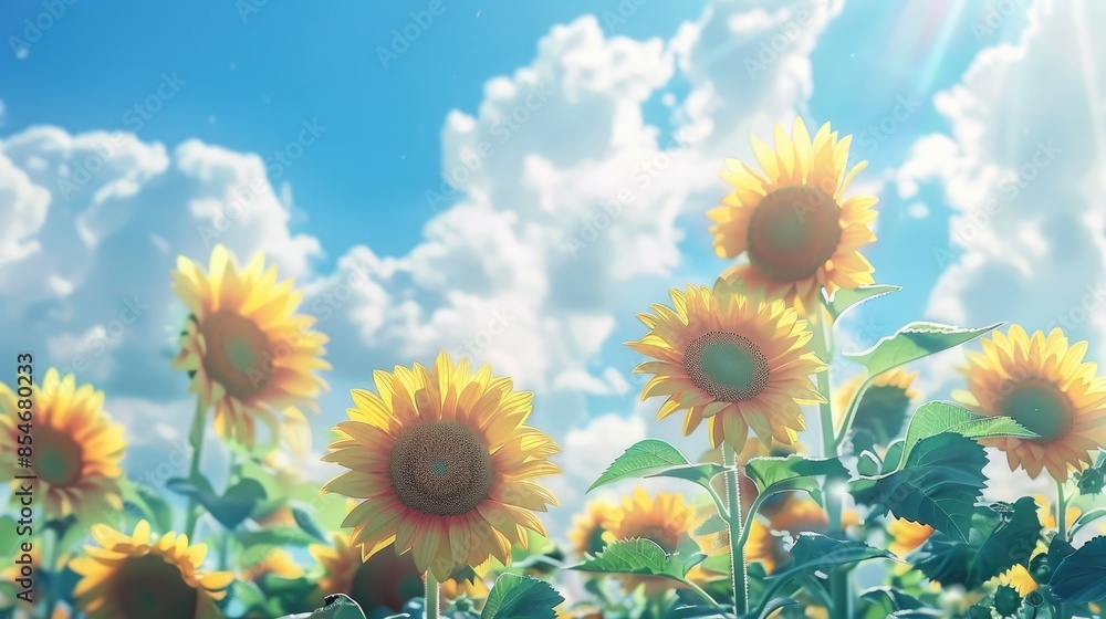 Sunflowers in front of a backdrop of a blue cloudy sky Scenery featuring a sunflower field against the backdrop of clouds Sunflowers in front of a backdrop of a blue cloudy sky Scenery featuring a sunflower field against the backdrop of clouds