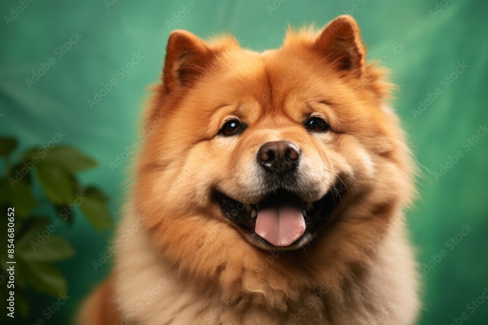 Portrait of a smiling chow chow dog on soft green background Portrait of a smiling chow chow dog on soft green background
