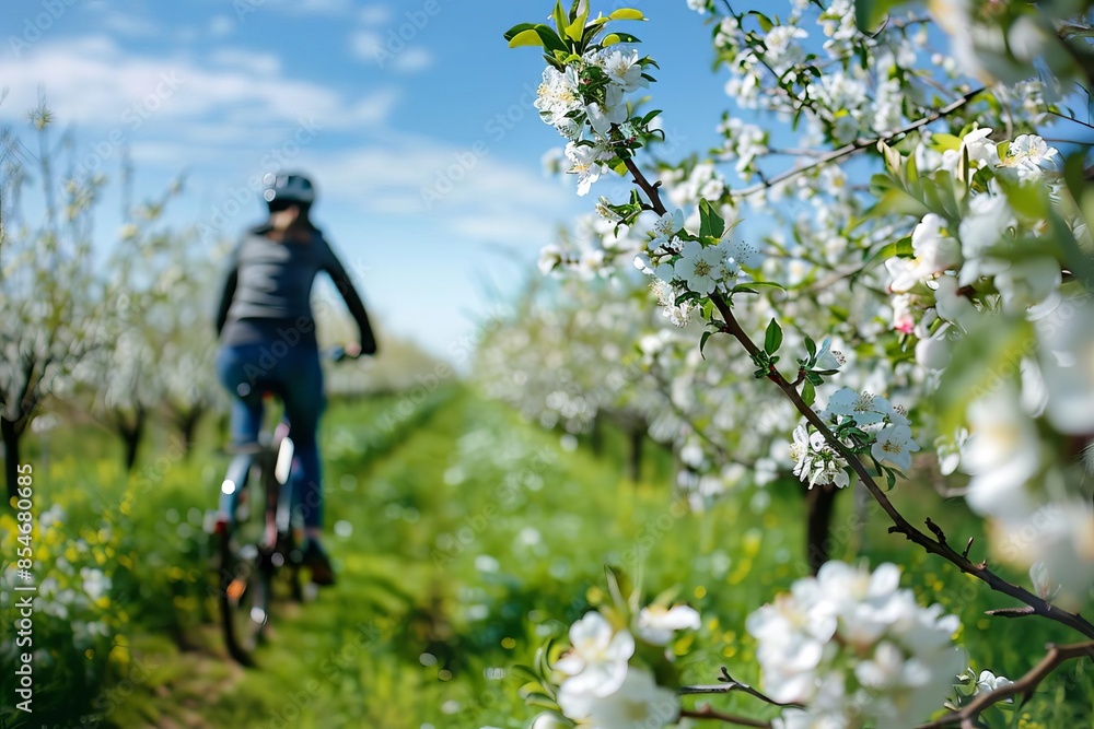 A person riding a bicycle through a blooming orchard, the scent of flowers in the air, a sense of freedom and joy A person riding a bicycle through a blooming orchard, the scent of flowers in the air, a sense of freedom and joy