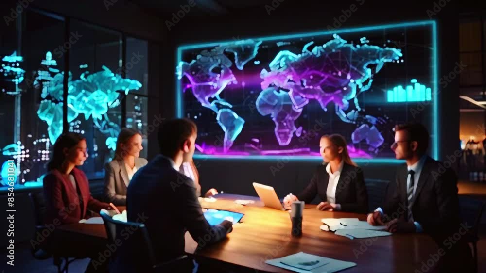 A group of people are sitting around a table in a dark room. There is a ...