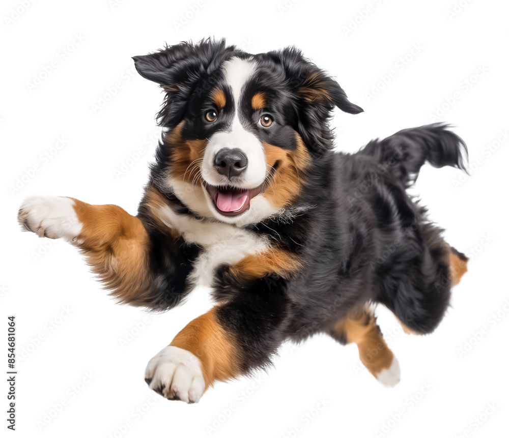 Happy excited Bernese Mountain Dog in jumping pose floating in the air Happy excited Bernese Mountain Dog in jumping pose floating in the air