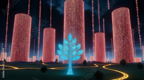 Binary Cityscape: Nexus of Innovation, A futuristic landscape where towering structures rise majestically, their forms intricately composed of glowing ones and zeros