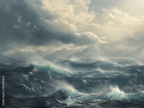 A turbulent ocean with large waves under a cloudy sky. Distant mountains are visible on the horizon. © cherezoff