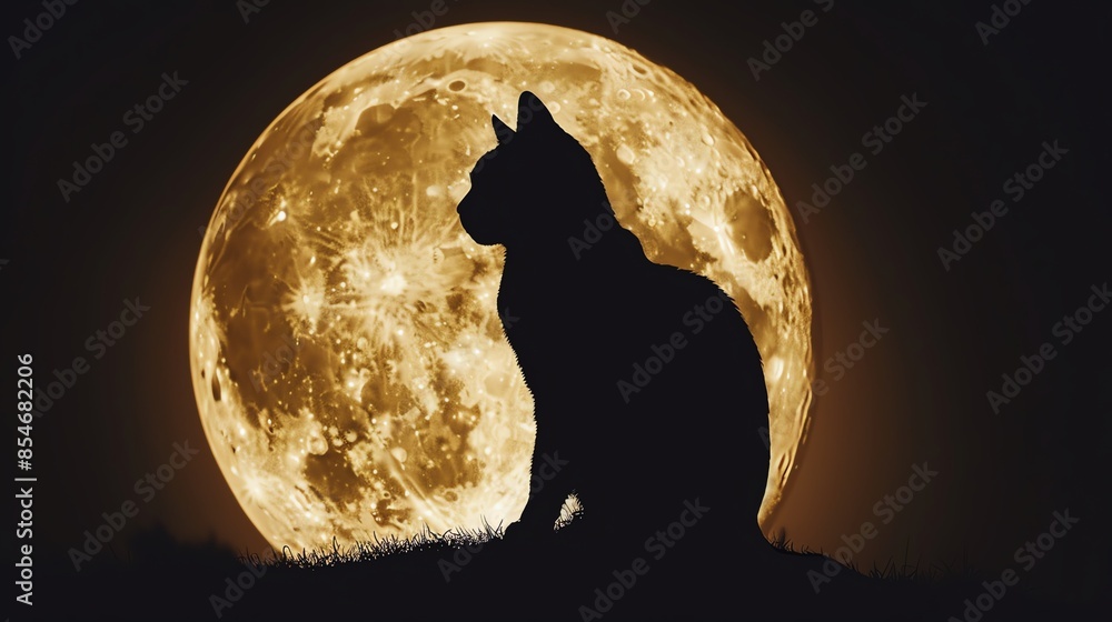 Fototapeta Silhouette of a cat against a full moon, capturing the mystique and beauty of a nighttime scene with a natural, celestial backdrop.