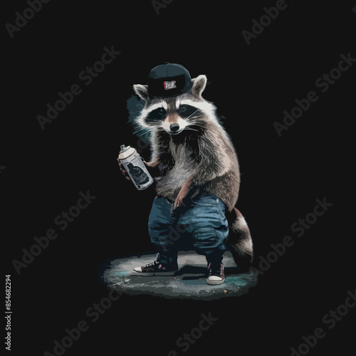 Funny animals Racoon t-shirt streetwear design on black background