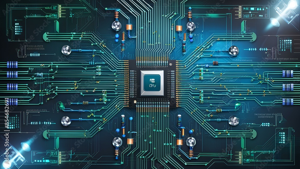 Fototapeta premium Electronic Blueprint, A digital artwork featuring intricate circuit patterns that resemble a electronic blueprint