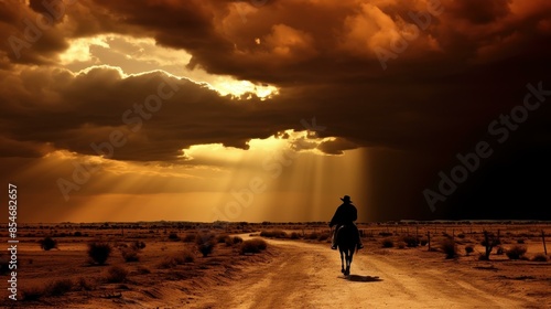 Witness a chilling scene as the personification of the apocalypse rides a fiery steed in a desolate wasteland under a menacing sky.