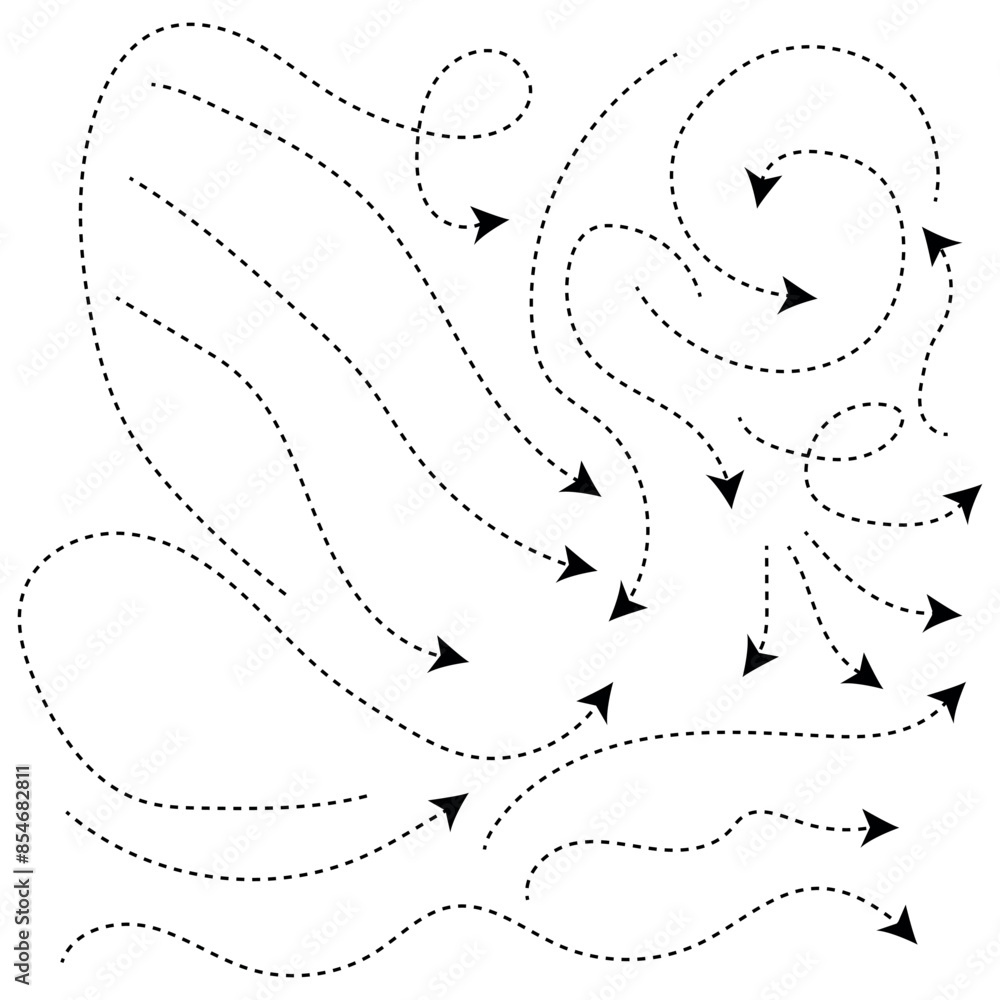 Curved dotted arrows icon vector set, zigzag arrows vector, black dotted arrows in doodle style vector, directional dotted arrows isolated on white background. Curved dotted arrows icon vector set, zigzag arrows vector, black dotted arrows in doodle style vector, directional dotted arrows isolated on white background.