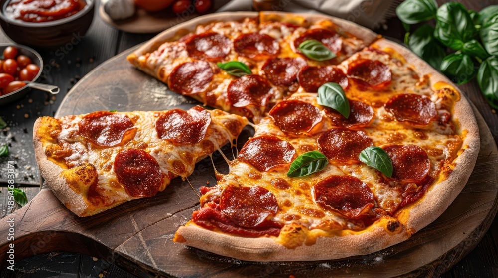 A delicious slice of pepperoni pizza with gooey melted cheese A delicious slice of pepperoni pizza with gooey melted cheese