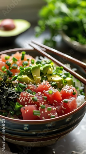 A vibrant bowl of poke with fresh tuna, avocado, seaweed, and rice, garnished with sesame seeds