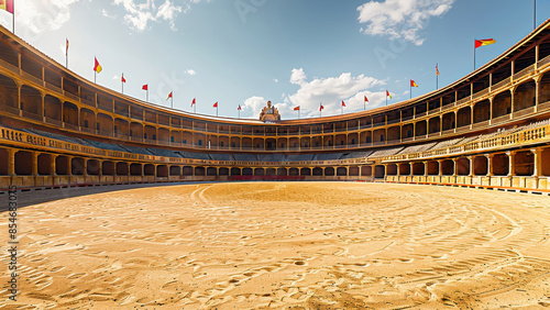 Historic bullring in Madrid, Spain, featuring classical architecture and a sandy arena with flags waving in the background.