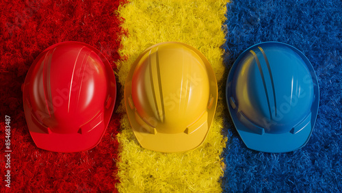 Yellow And Blue safety Helmet white backgrounds. Ai generative photo