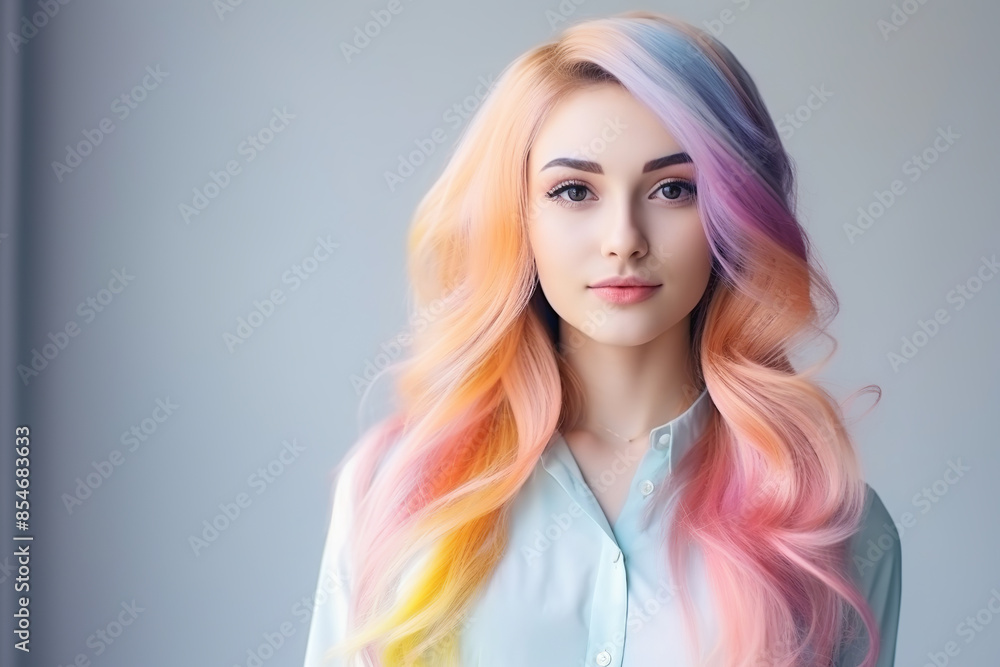 Beautiful caucasian woman with long hair in pastel rainbow colors, portrait, gray background Beautiful caucasian woman with long hair in pastel rainbow colors, portrait, gray background