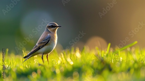Wheatear perched on grass observing photo