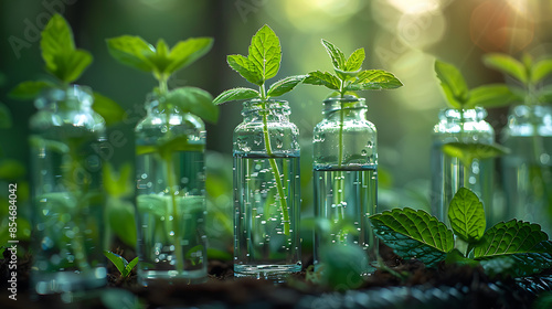 Fresh green plant with leaves in a glass container, similar to those used for drinks like mint tea or a mojito