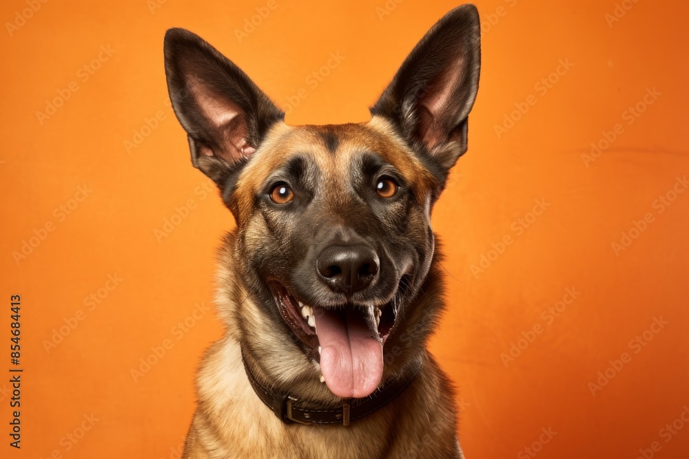 Fototapeta premium Portrait of a smiling belgian malinois dog over soft orange background