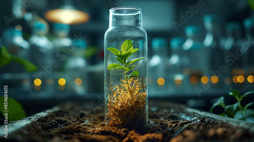 plant roots in one single open glass laboratory tube