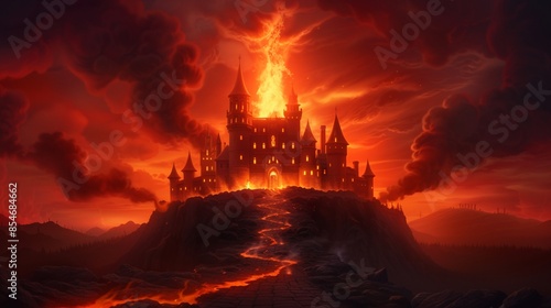 Majestic, decaying castle engulfed in flames, with steep stone pathways leading to its towering, gothic architecture, set against a hellish red sky © ธนากร บัวพรหม