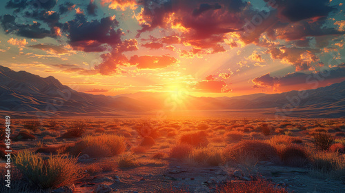 Fototapeta Naklejka Na Ścianę i Meble -  Dramatic sunset over desert landscape with warm, golden light