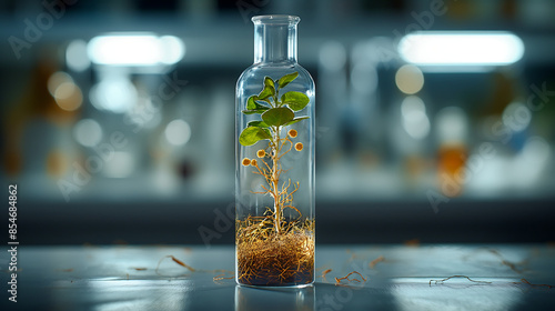 plant roots in one single open glass laboratory