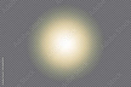 Yellow circle spotlight on the wall as overlay transparent mockup. Front view of electric lamp light or lantern ray. Shadow vector illustration