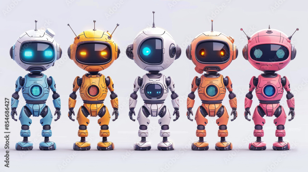 Colorful cartoon-style robots lined up exhibiting playful personalities in a friendly gathering Colorful cartoon-style robots lined up exhibiting playful personalities in a friendly gathering