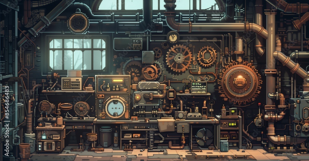 A steampunk workshop with gears, pipes, and intricate machinery , pixel art, game assets