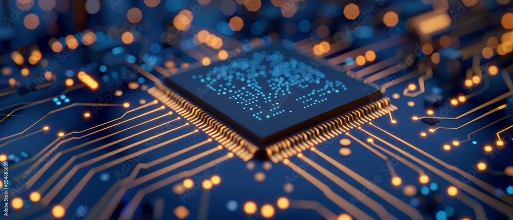Detailed image of a microprocessor on a dark blue circuit board with ...
