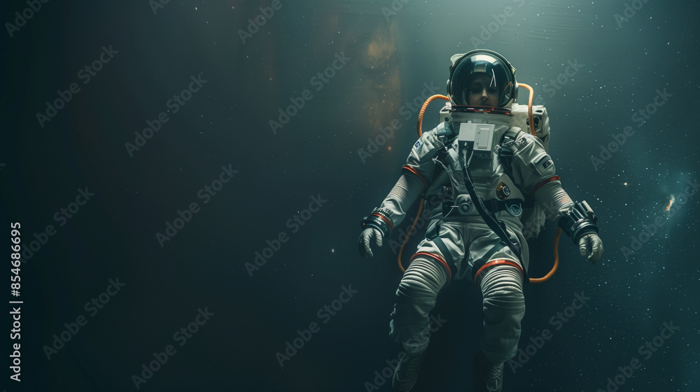 A female space explorer in an advanced space suit, floating in zero gravity , with copy space A female space explorer in an advanced space suit, floating in zero gravity , with copy space