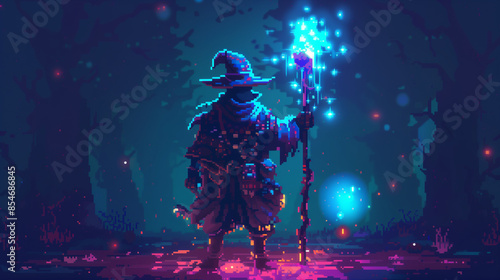 A pixel art healer with a staff and a glowing aura , game assets, pixel art