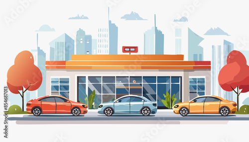 New cars near  showroom dealership. Outside building. Concept of sale of new vehicles
