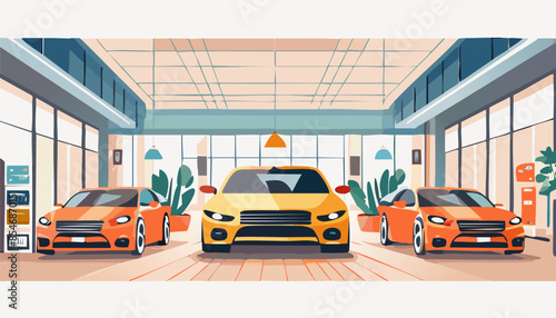 modern car at showroom. Inside building, no people. Concept of sale new vechicle