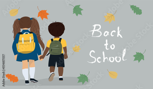 Pupils with backpack go to school hoding hands. Back to school concept. 