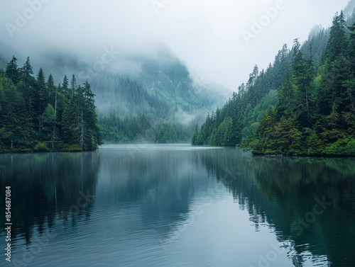 Serene mist-covered lake with lush greenery and tranquil mountains © Robert Kneschke