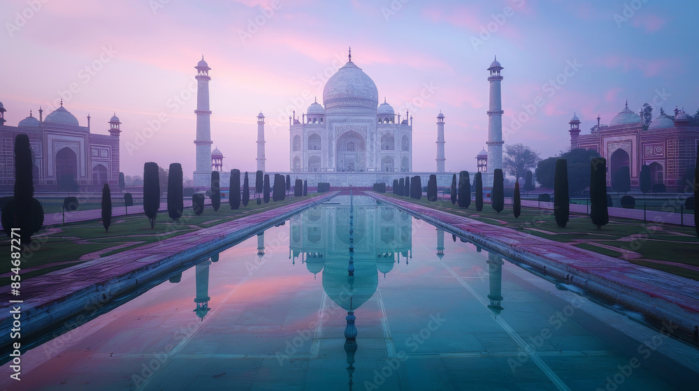 Obraz premium Serene twilight at the iconic Taj Mahal with reflective water in Agra