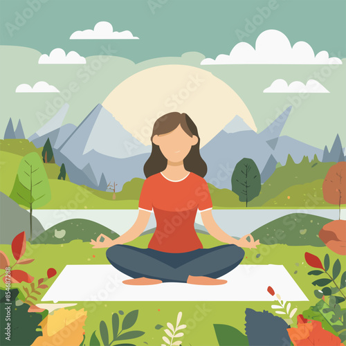 Wallpaper Mural Woman doing yoga exercise, meditation in a lotus pose on summer day at nature. Vector illustration a Torontodigital.ca