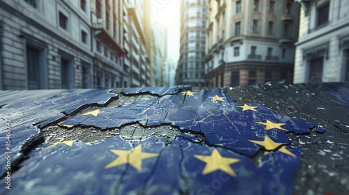 european union flag on broken street