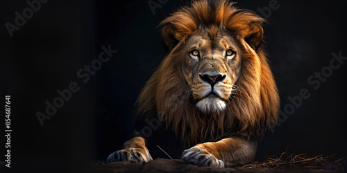 majestic lion with a dark mane and light brown fur, looking off into the distance with a focused gaze.