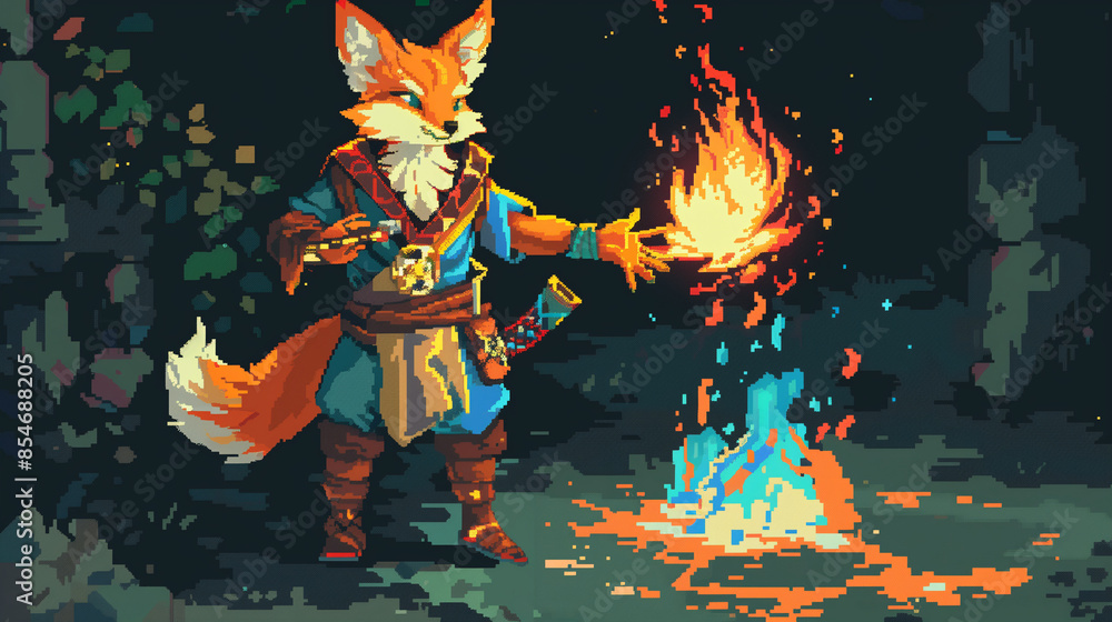 A pixel art fox-man character in a shaman's outfit with mystical symbols, casting a spell , game assets, pixel art A pixel art fox-man character in a shaman's outfit with mystical symbols, casting a spell , game assets, pixel art