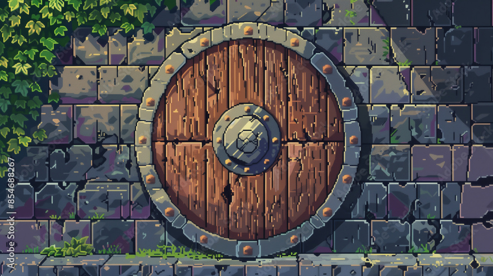 A pixel art round wooden shield with iron studs , game assets, pixel art A pixel art round wooden shield with iron studs , game assets, pixel art