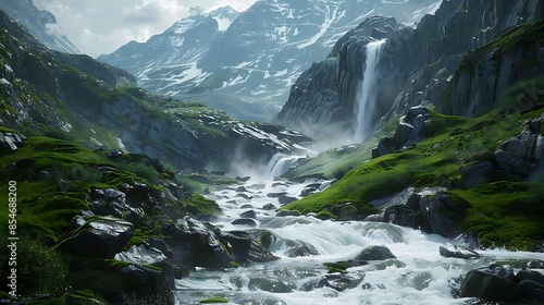 Detailing the powerful rush of a mountain river, cascading over rocky ledges and surrounded by alpine meadows © azlani art
